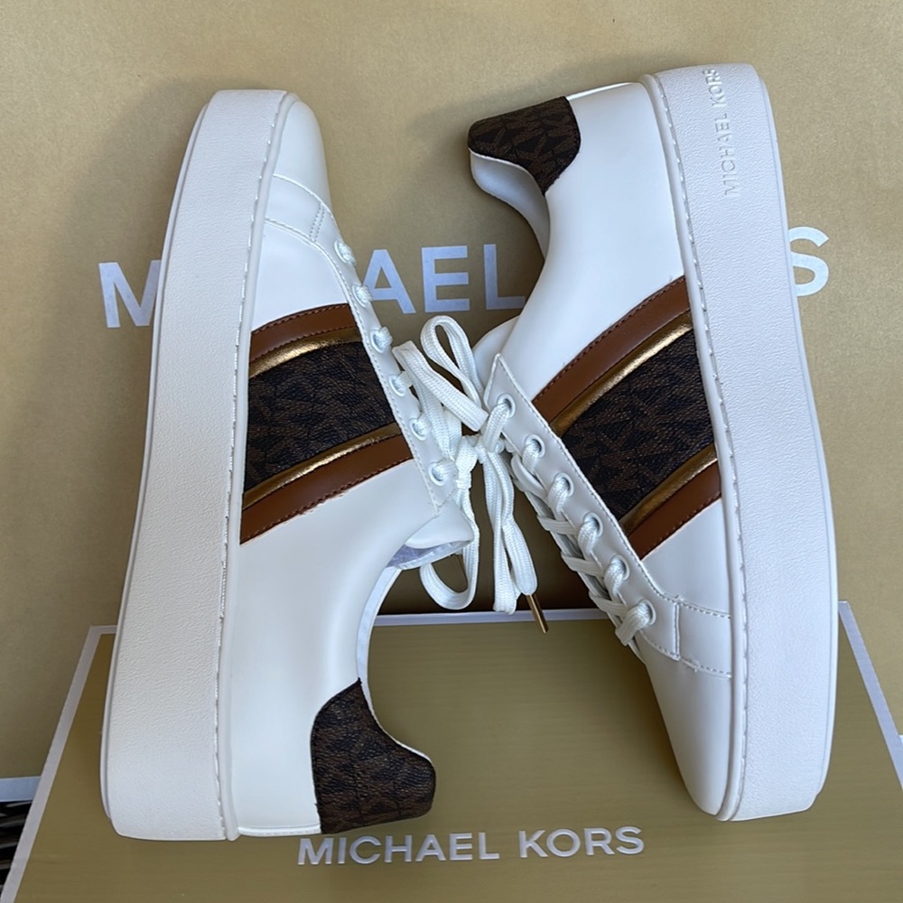MICHAEL KORS POPPY STRIPE LACE UP NAPPA FAUX LEATHER WMNS OPTIC WHITE/BROWN - Picture 13 of 16